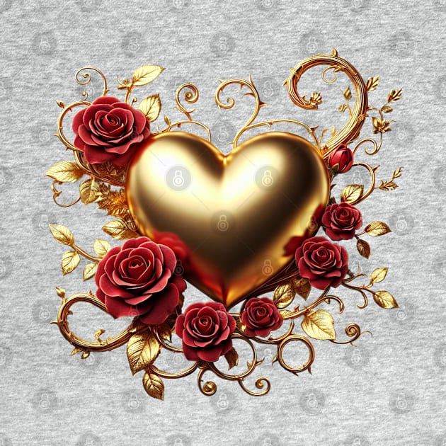 Valentines Day Gold Heart and Red Roses by Amanda Lucas